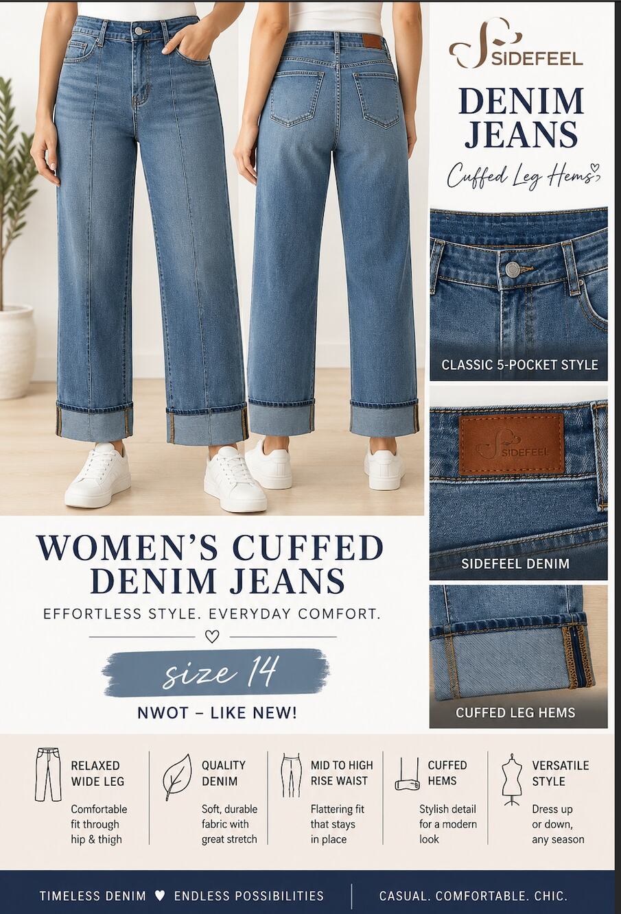 Sidefeel High Rise Wide Leg Front Seam Cuffed Jeans NWOT Size 14